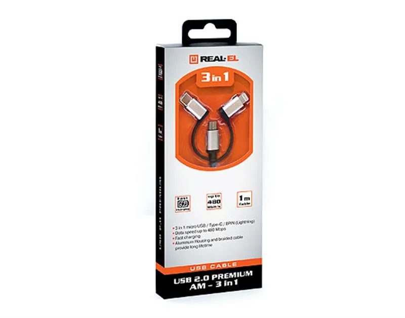 Кабель REAL-EL Premium 3in1 USB - Lightning + micro USB + USB Type-C (M/M), 1 м, чорний (EL123500035) - мініатюра 3
