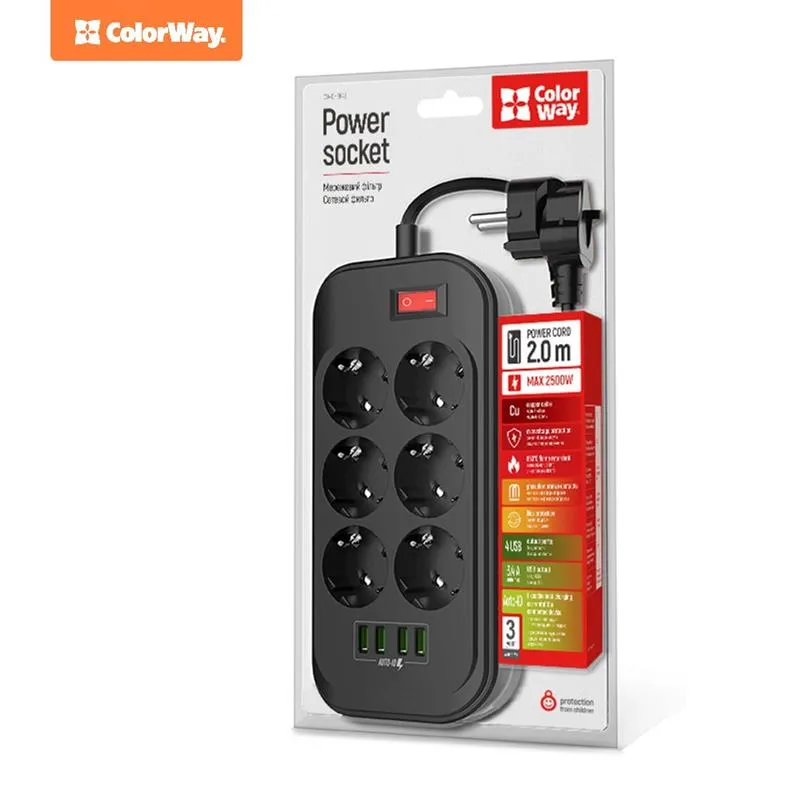Фільтр живлення СolorWay (CW-CHE64B) 6 розеток, 4xUSB, 2м, Black - зображення 1