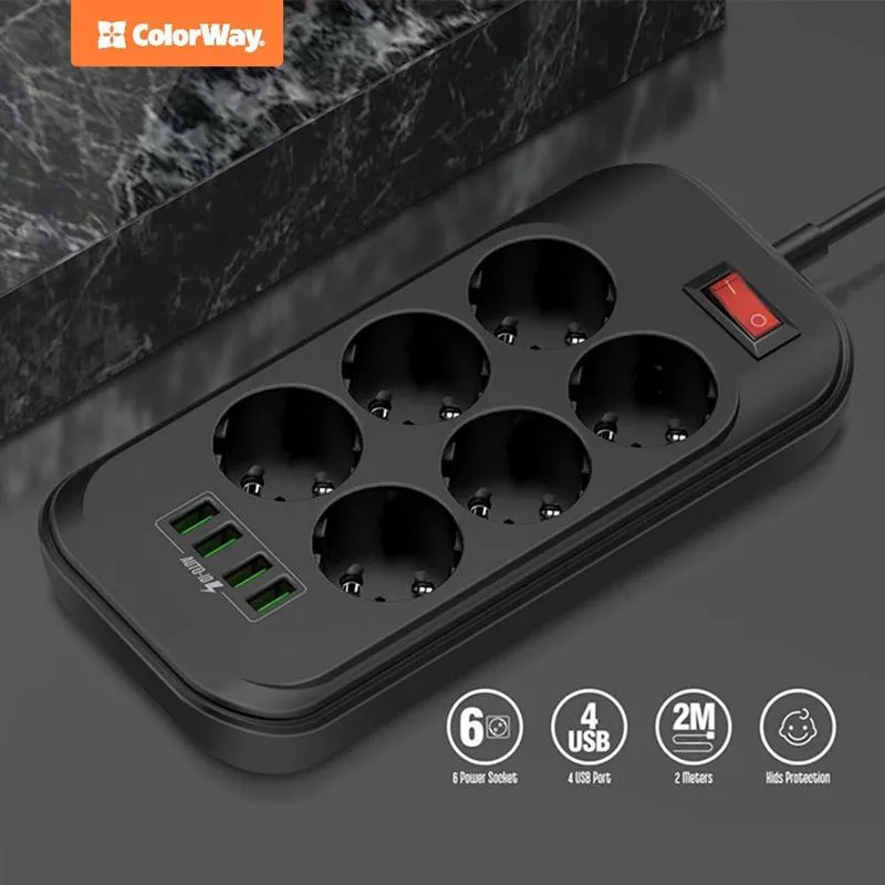 Фільтр живлення СolorWay (CW-CHE64B) 6 розеток, 4xUSB, 2м, Black - мініатюра 10