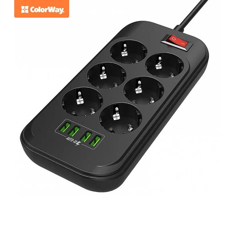 Фільтр живлення СolorWay (CW-CHE64B) 6 розеток, 4xUSB, 2м, Black - мініатюра 2