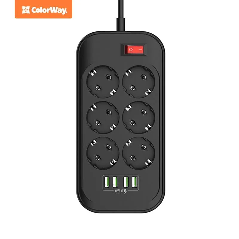 Фільтр живлення СolorWay (CW-CHE64B) 6 розеток, 4xUSB, 2м, Black - мініатюра 3