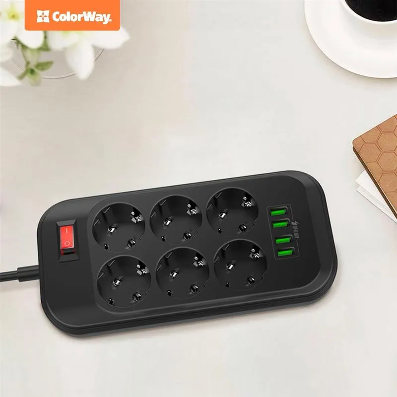 Фільтр живлення СolorWay (CW-CHE64B) 6 розеток, 4xUSB, 2м, Black - мініатюра 5