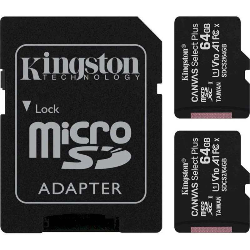 Карта пам`яті MicroSDXC 2x64GB UHS-I Class 10 Kingston Canvas Select Plus R100MB/s + SD-адаптер (SDCS2/64GB-2P1A) - зображення 1
