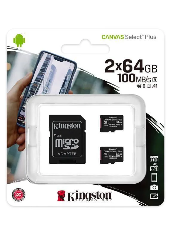 Карта пам`яті MicroSDXC 2x64GB UHS-I Class 10 Kingston Canvas Select Plus R100MB/s + SD-адаптер (SDCS2/64GB-2P1A) - мініатюра 2