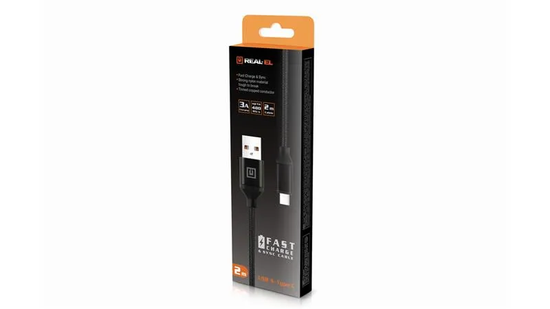 Кабель REAL-EL Premium Fabric USB - USB Type-C (M/M), 2 м, Black (EL123500047) - мініатюра 7