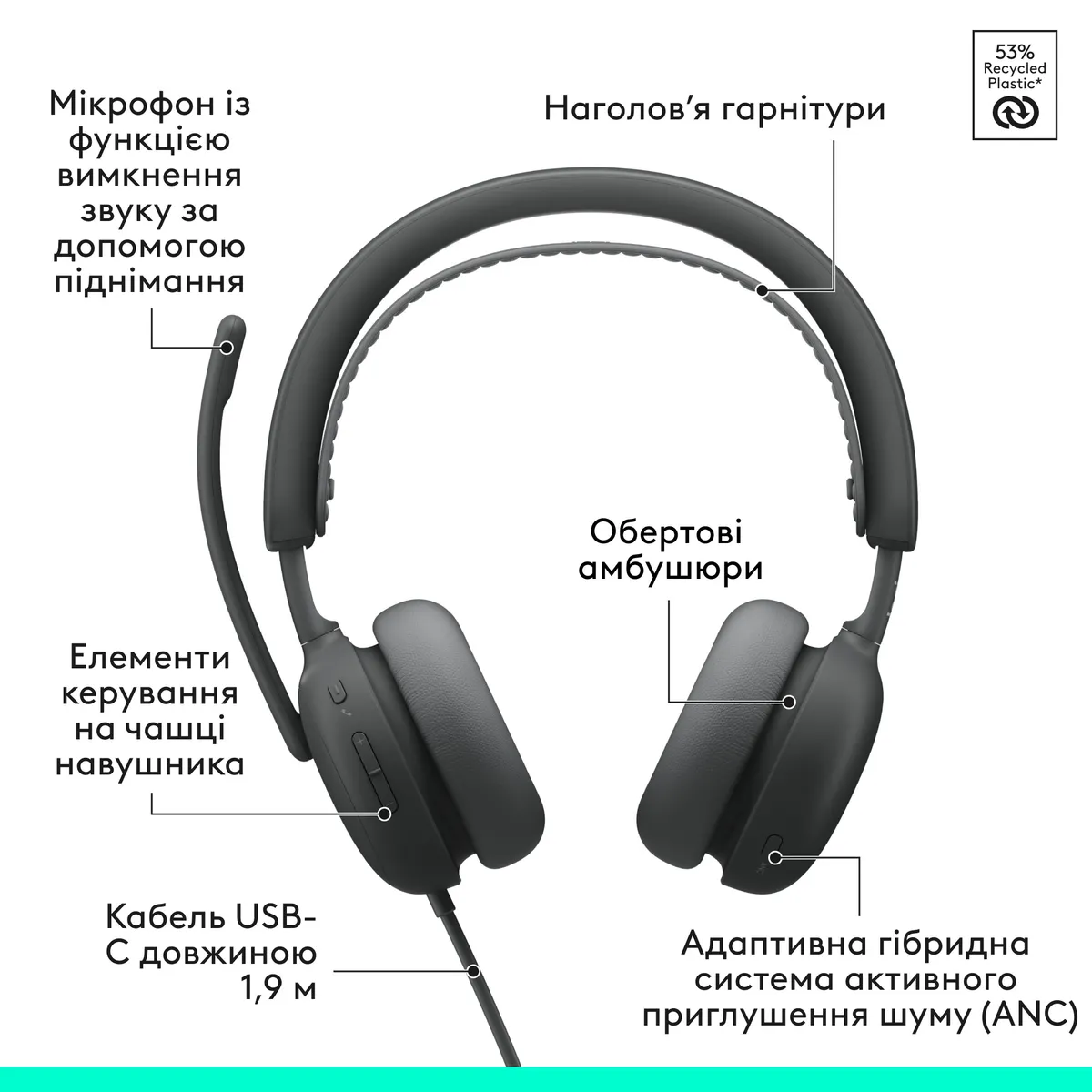 Гарнітура Logitech Zone Wired 2 USB Graphite (981-001619) - мініатюра 6