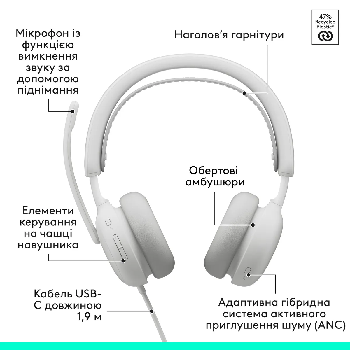 Гарнітура Logitech Zone Wired 2 USB Off-White (981-001621) - мініатюра 6