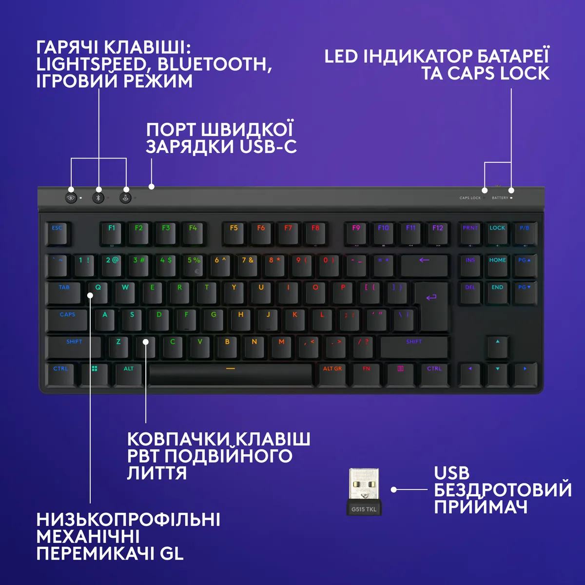 Клавiатура бездротова Logitech G515 Lightspeed TKL Wireless Black (920-014075) - мініатюра 7