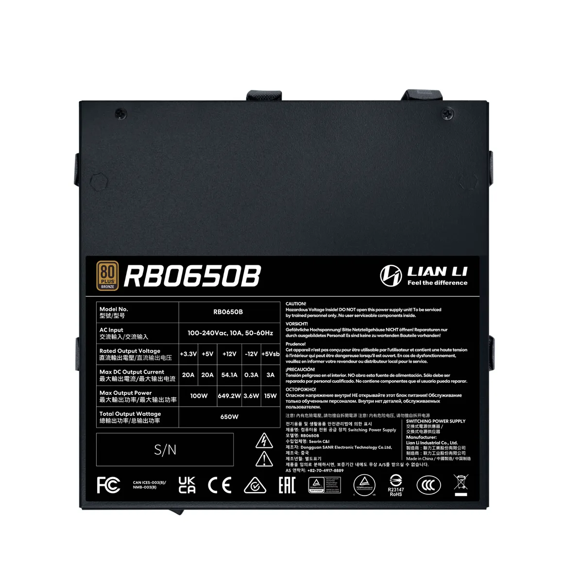 Блок живлення Lian Li RB0650B, 80 Plus Bronze, Black, EU Cord (G9P.RB0650B.B000.EU) - мініатюра 2