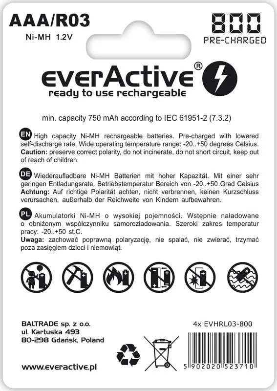 Акумулятор everActive AAA/HR03 Ni-MH 800mAh BL 4шт - мініатюра 2
