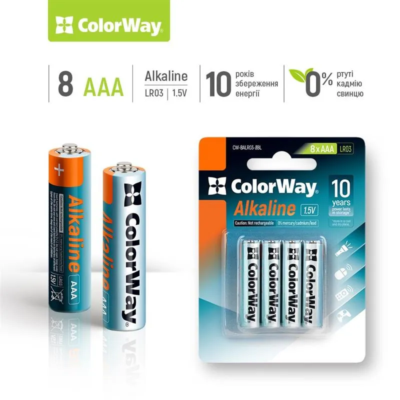 Батарейка ColorWay Alkaline Power AAA/LR03 BL 8шт - мініатюра 2