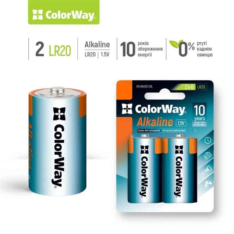 Батарейка ColorWay Alkaline Power D/LR20 BL 2шт - мініатюра 2