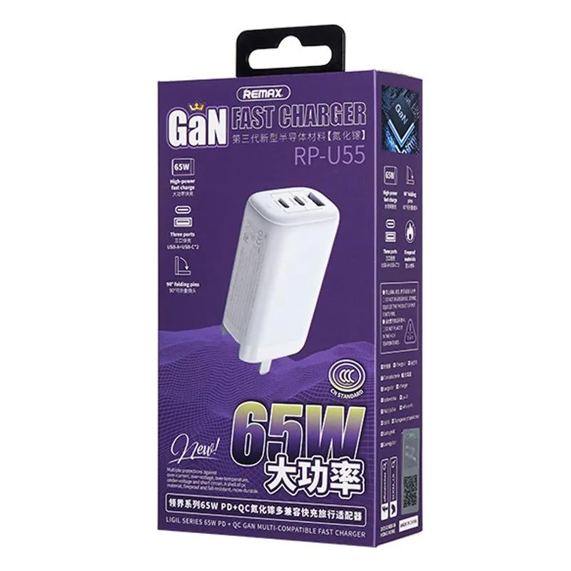 Мережевий зарядний пристрій Remax Ligil Series 65W PD + QC Fast Charger White (RP-U55) - мініатюра 5