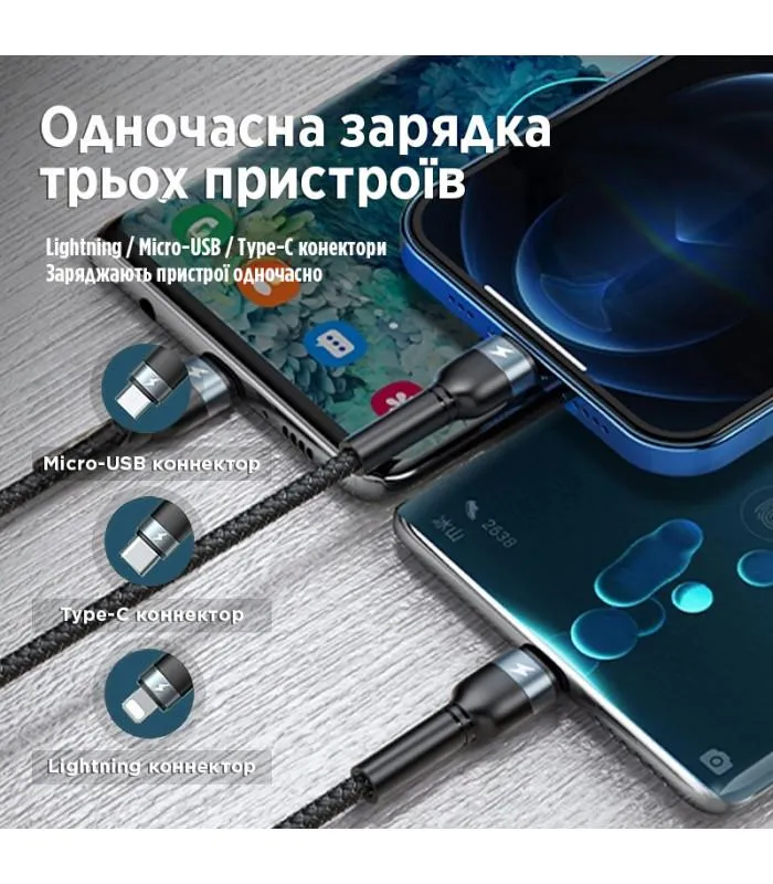 Кабель Remax Jany Series 3в1 USB to Type-C/Lightning/Micro-USB Silver (RC-124TH) - мініатюра 3