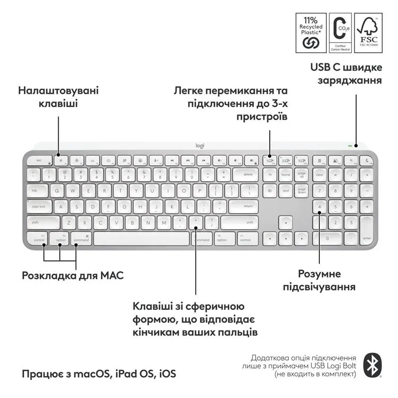 Клавiатура бездротова Logitech MX Keys S for Mac Pale Grey (920-011638) - мініатюра 8