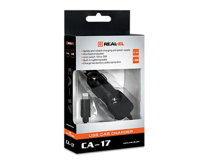 Автомобільний зарядний пристрій REAL-EL CA-17 (2USB, 2.1A) Black + кабель Lightning - мініатюра 7