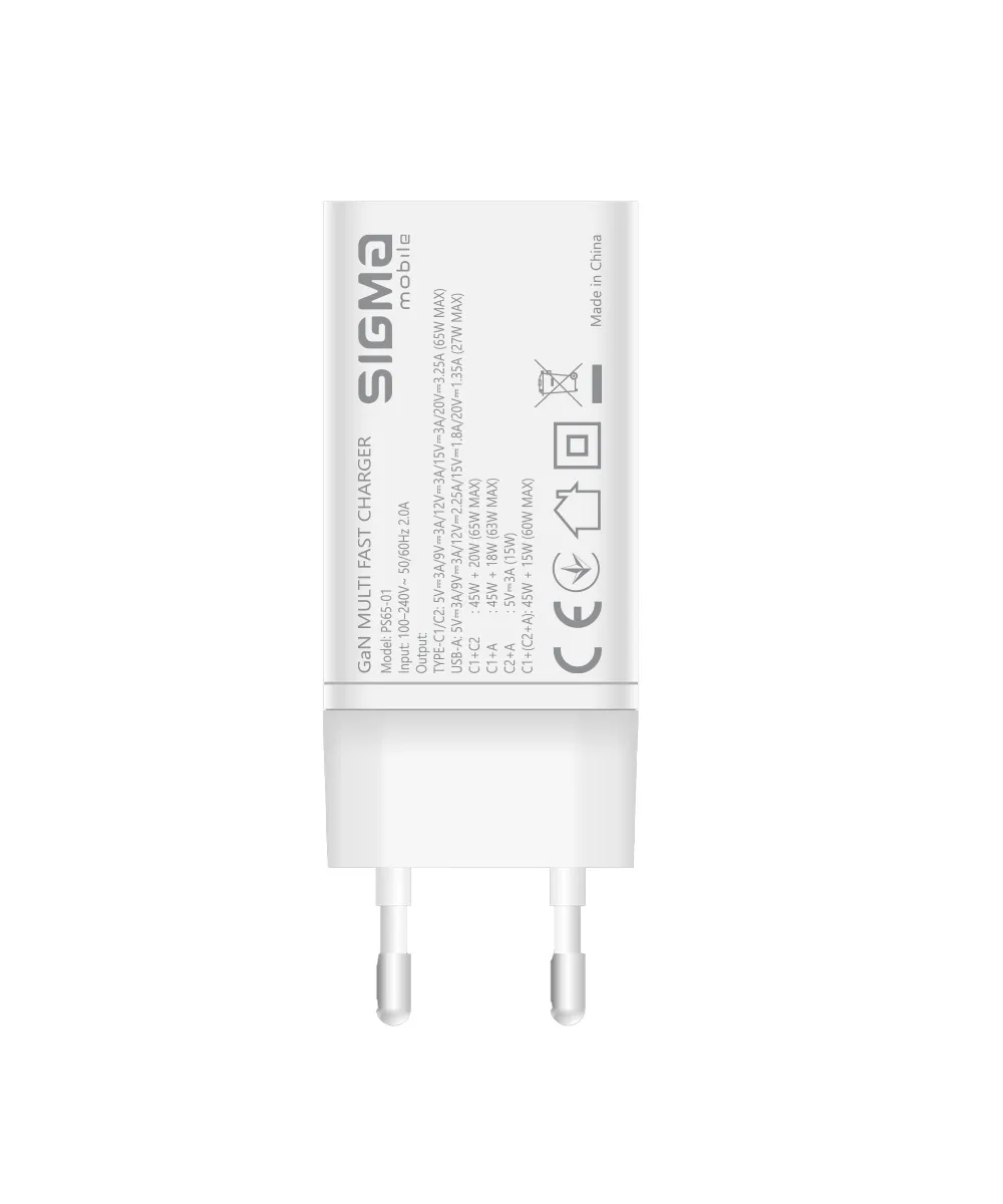 Мережевий зарядний пристрій Sigma mobile X-power 65W GaN, PD, QC (2xUSB-C + 1xUSB-A) White (PS65-01) - мініатюра 12