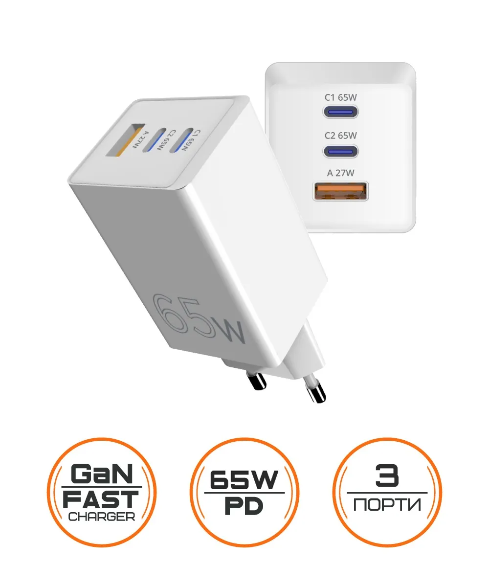 Мережевий зарядний пристрій Sigma mobile X-power 65W GaN, PD, QC (2xUSB-C + 1xUSB-A) White (PS65-01) - мініатюра 2