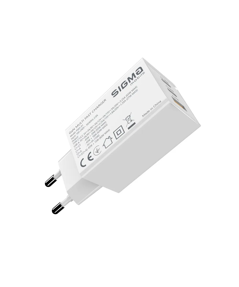 Мережевий зарядний пристрій Sigma mobile X-power 65W GaN, PD, QC (2xUSB-C + 1xUSB-A) White (PS65-01) - мініатюра 5