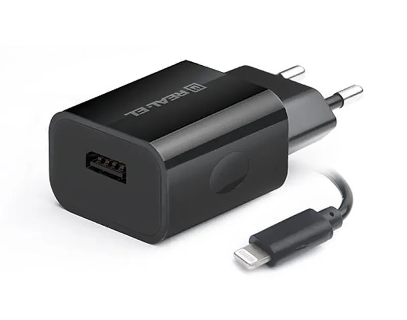 Мережевий зарядний пристрій REAL-EL CH-217 (2USB, 2.1A) Black + кабель Lightning - зображення 1