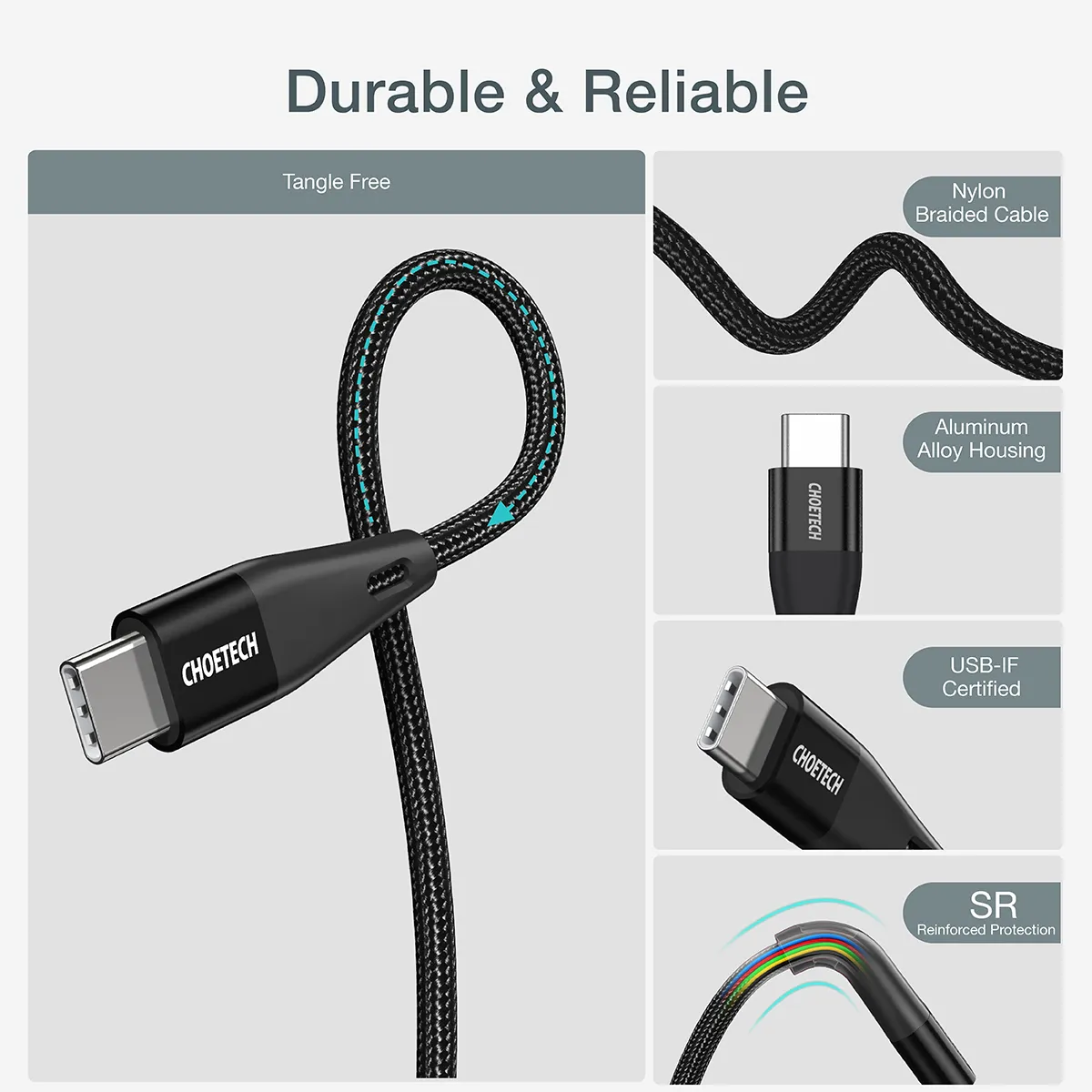 Кабель Choetech USB Type-C - USB Type-C (M/M) 100W, 1 м Black (XCC-1008) - мініатюра 5
