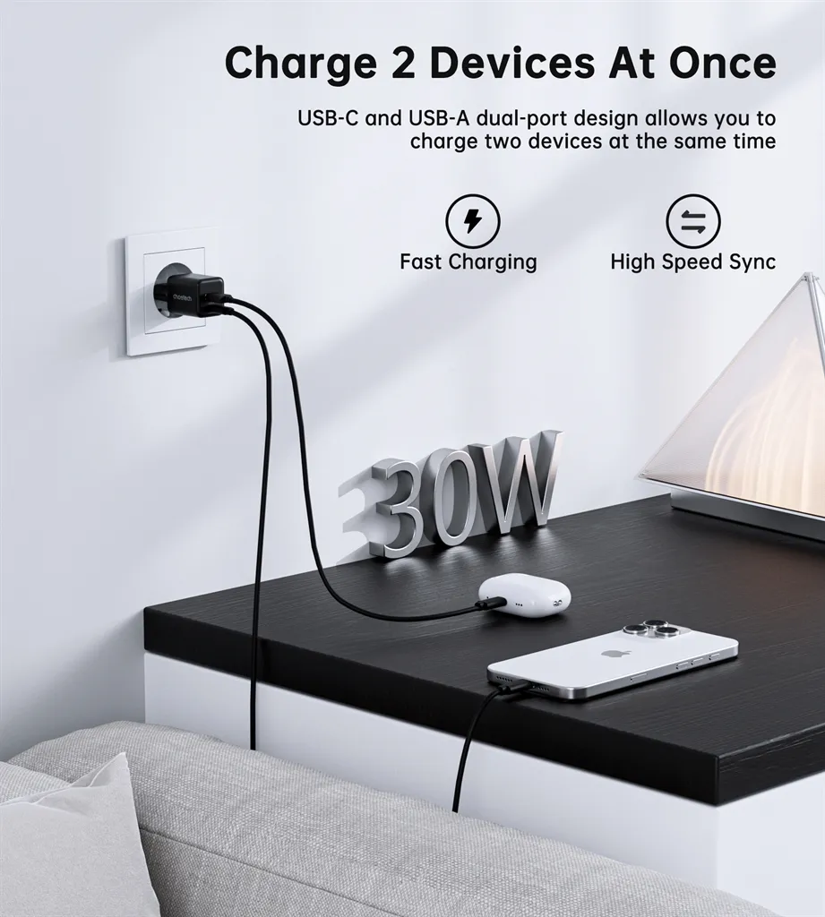 Мережевий зарядний пристрій Choetech (USB-C+USB-A) Black (PD5012-EU-BK) - мініатюра 9