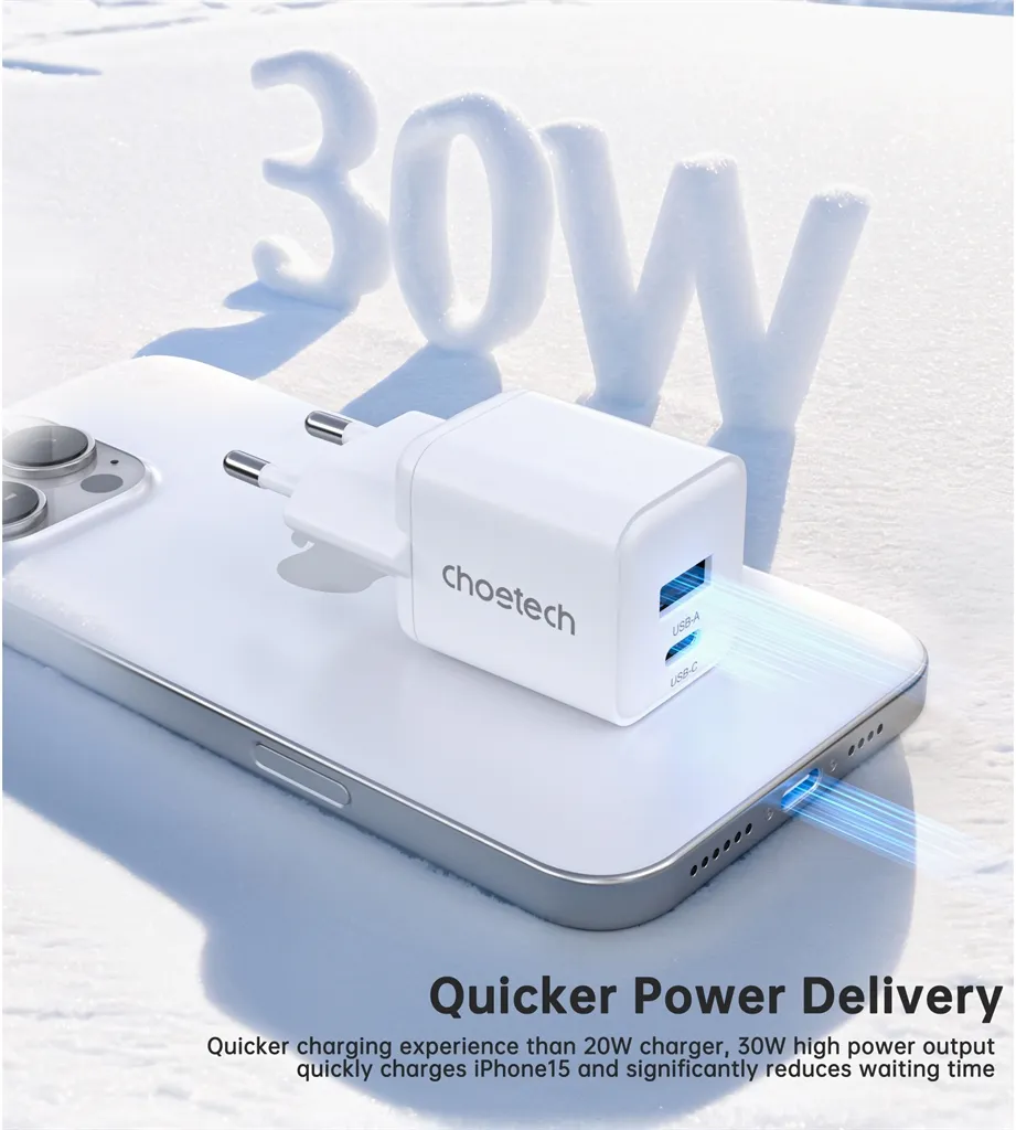 Мережевий зарядний пристрій Choetech (USB-C+USB-A) White (PD5012-EU-WH) - мініатюра 6