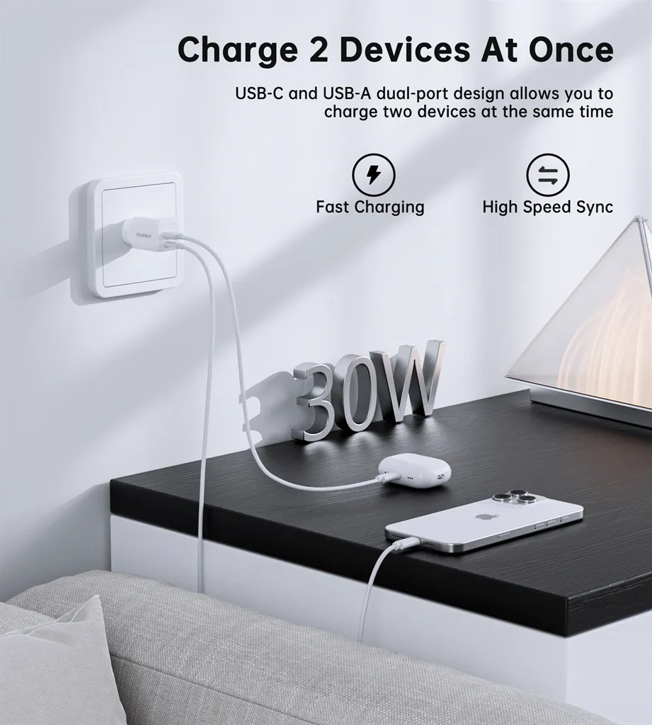 Мережевий зарядний пристрій Choetech (USB-C+USB-A) White (PD5012-EU-WH) - мініатюра 8