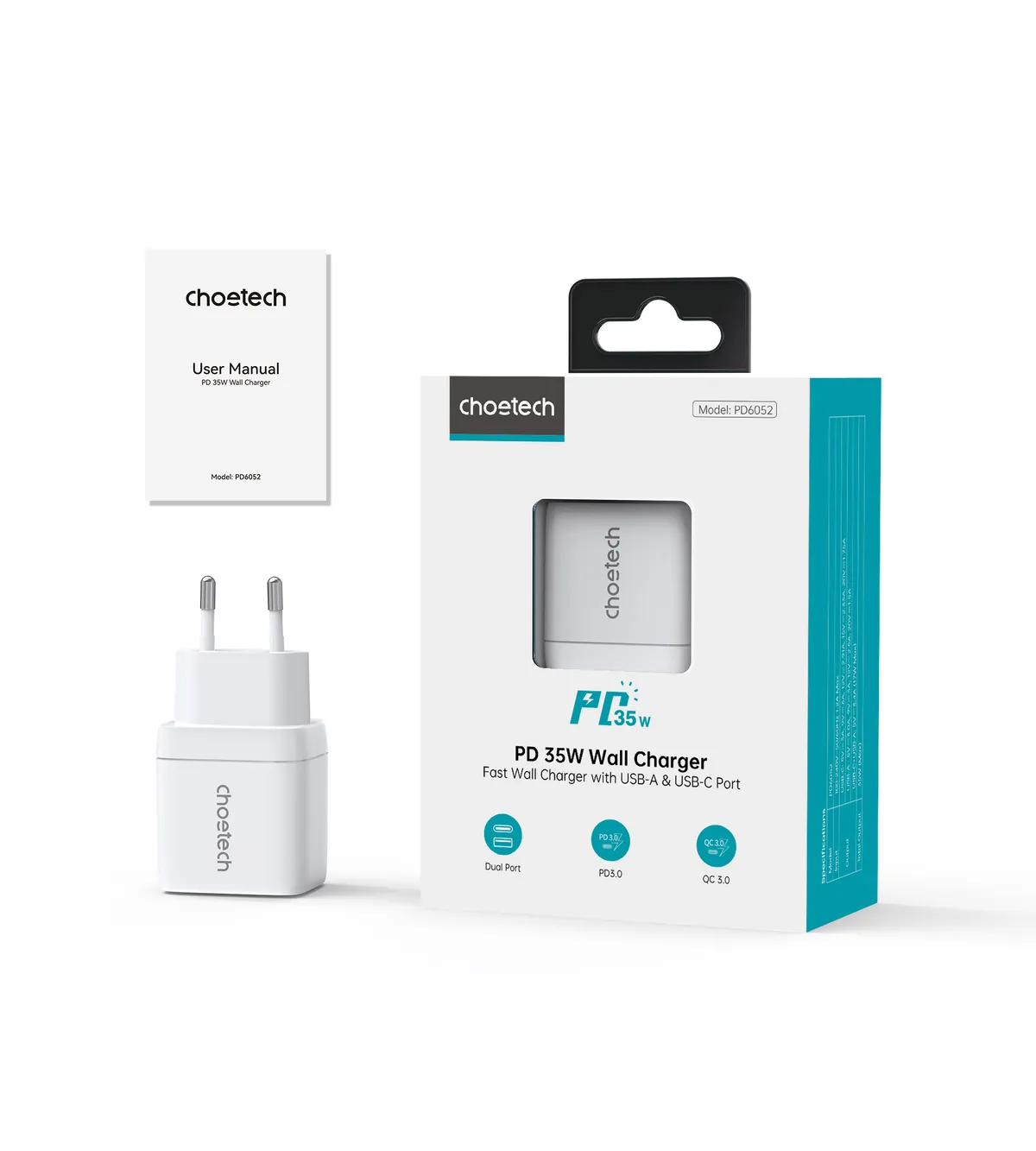 Мережевий зарядний пристрій Choetech (USB-C+USB-A) White (PD6052-EU-WH) - мініатюра 3