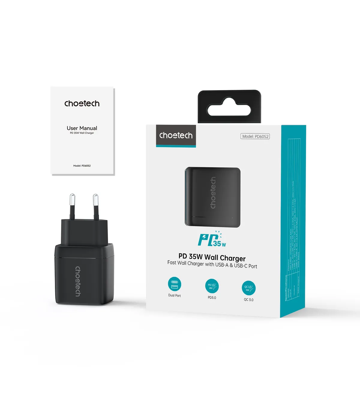 Мережевий зарядний пристрій Choetech (USB-C+USB-A) Black (PD6052-EU-BK) - мініатюра 3