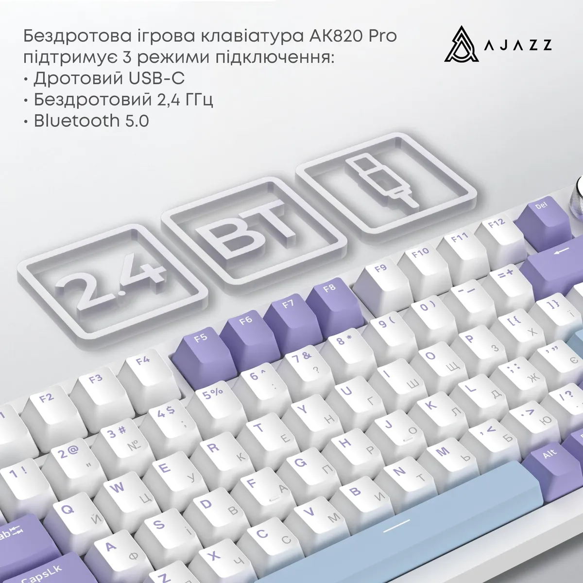 Клавіатура Ajazz AK820 Pro RGB Flying Fish Switch Wireless With Screen (AK820PRO-FF-PWB) Purple - мініатюра 8