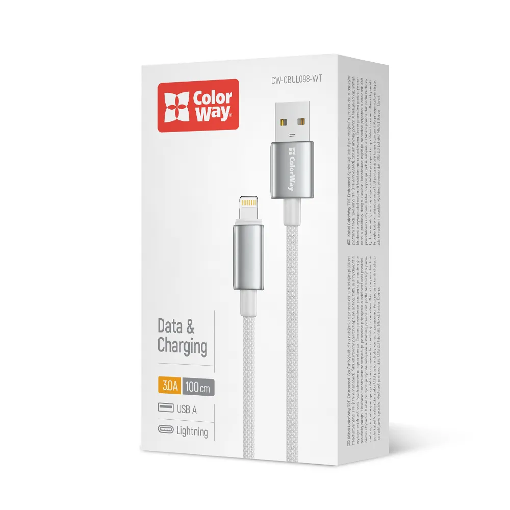 Кабель ColorWay USB - Lightning (M/M), zinc alloy braided, 3А, 1 м, White (CW-CBUL098-WT) - мініатюра 4