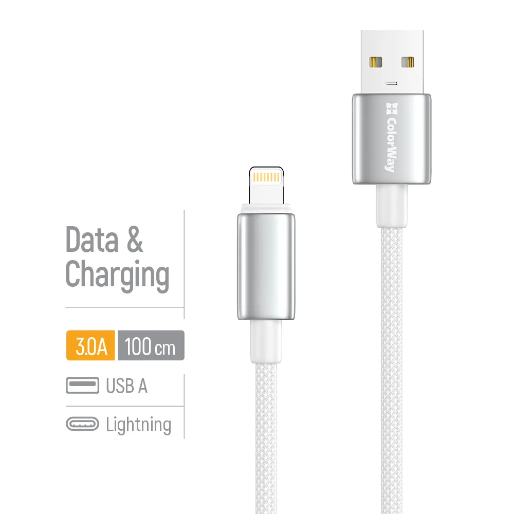 Кабель ColorWay USB - Lightning (M/M), zinc alloy braided, 3А, 1 м, White (CW-CBUL098-WT) - мініатюра 5