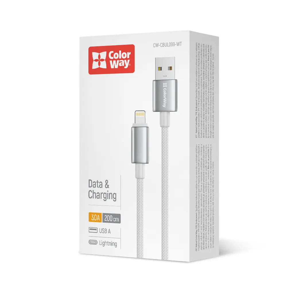 Кабель ColorWay USB - Lightning (M/M), zinc alloy braided, 3А, 2 м, White (CW-CBUL099-WT) - мініатюра 4