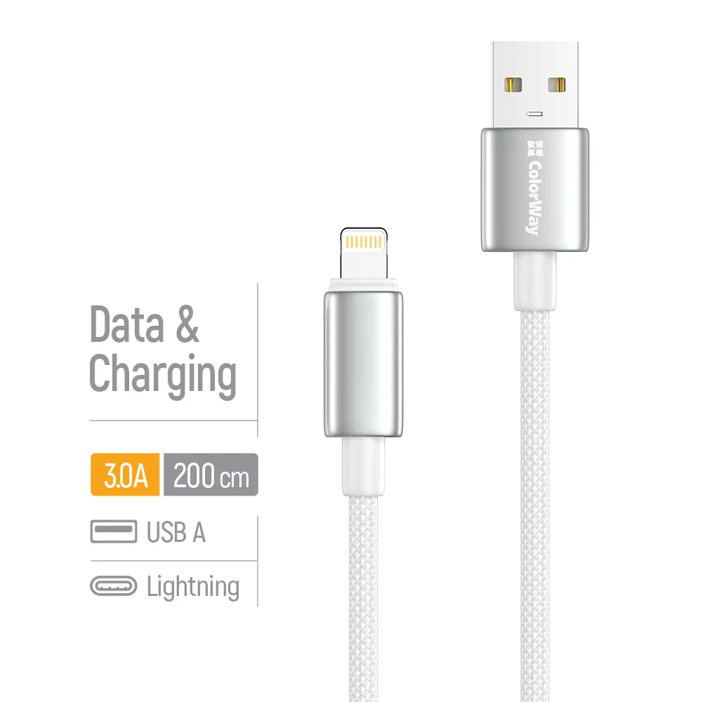 Кабель ColorWay USB - Lightning (M/M), zinc alloy braided, 3А, 2 м, White (CW-CBUL099-WT) - мініатюра 5