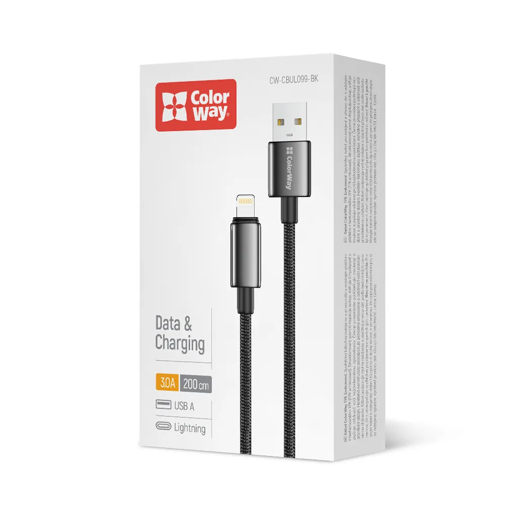 Кабель ColorWay USB - Lightning (M/M), zinc alloy braided, 3А, 2 м, Black (CW-CBUL099-BK) - мініатюра 4