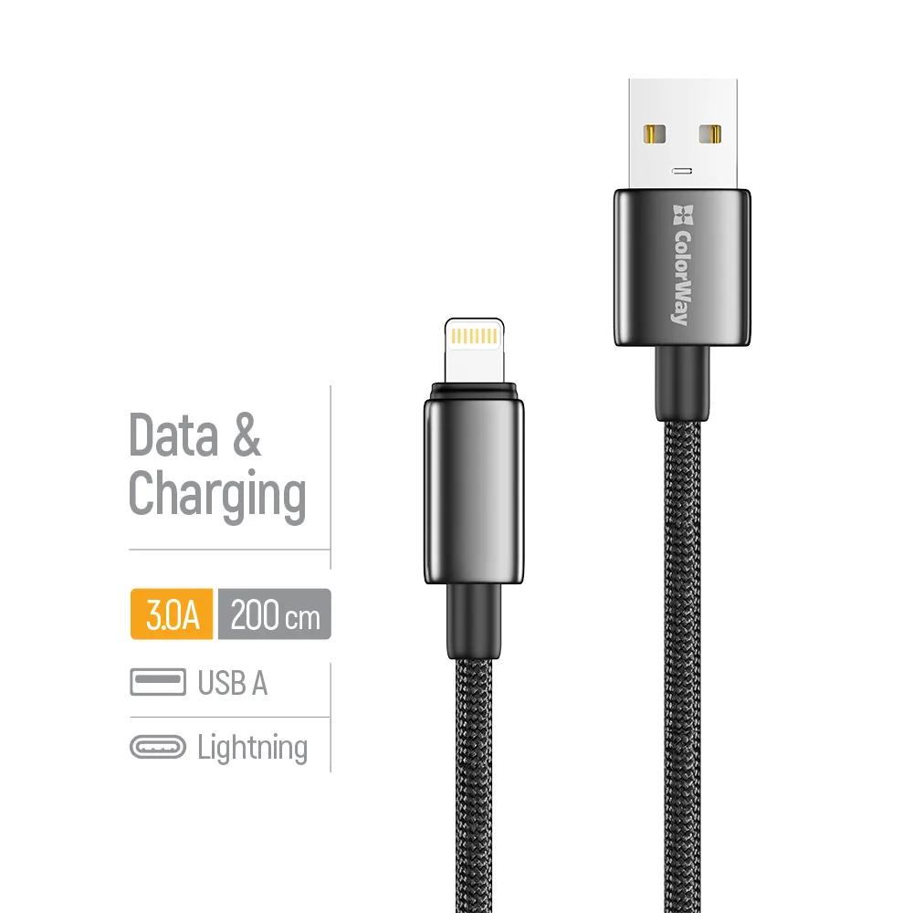 Кабель ColorWay USB - Lightning (M/M), zinc alloy braided, 3А, 2 м, Black (CW-CBUL099-BK) - мініатюра 5