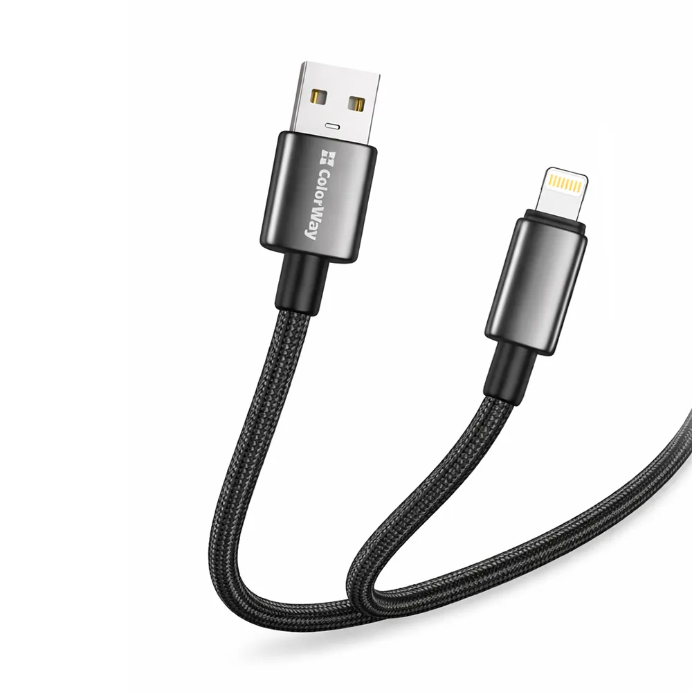 Кабель ColorWay USB - Lightning (M/M), zinc alloy braided, 3А, 1 м, Black (CW-CBUL098-BK) - мініатюра 2