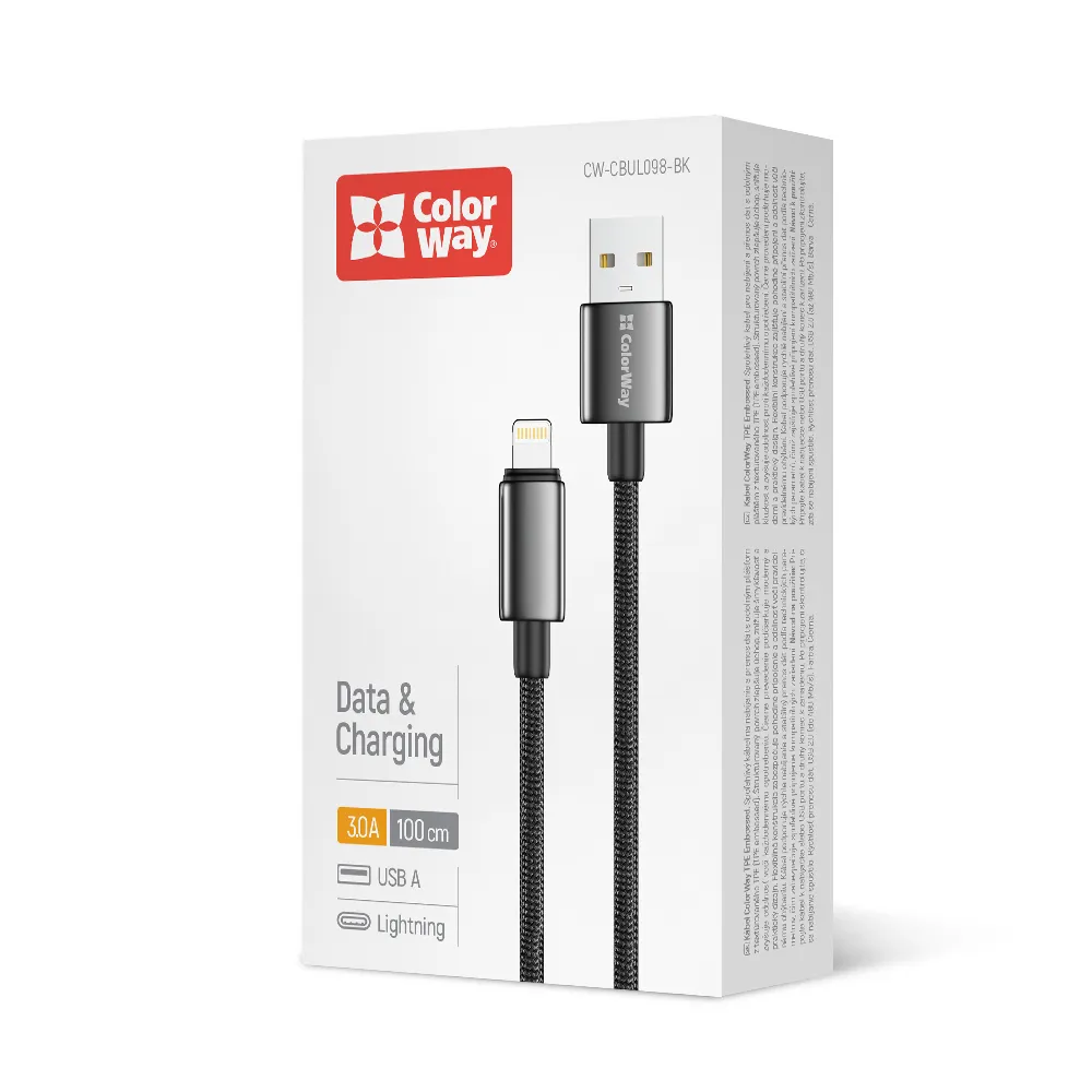 Кабель ColorWay USB - Lightning (M/M), zinc alloy braided, 3А, 1 м, Black (CW-CBUL098-BK) - мініатюра 4