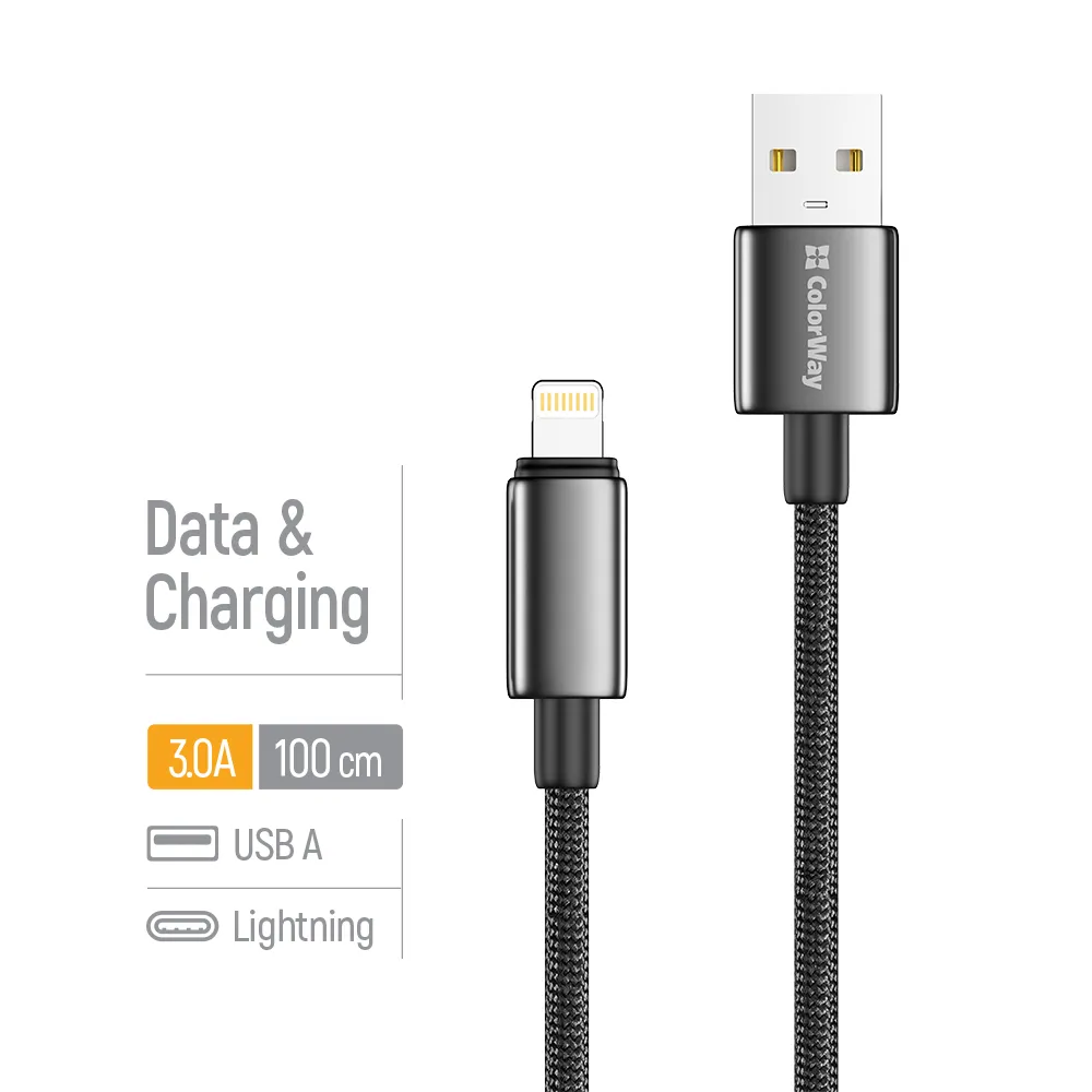 Кабель ColorWay USB - Lightning (M/M), zinc alloy braided, 3А, 1 м, Black (CW-CBUL098-BK) - мініатюра 5