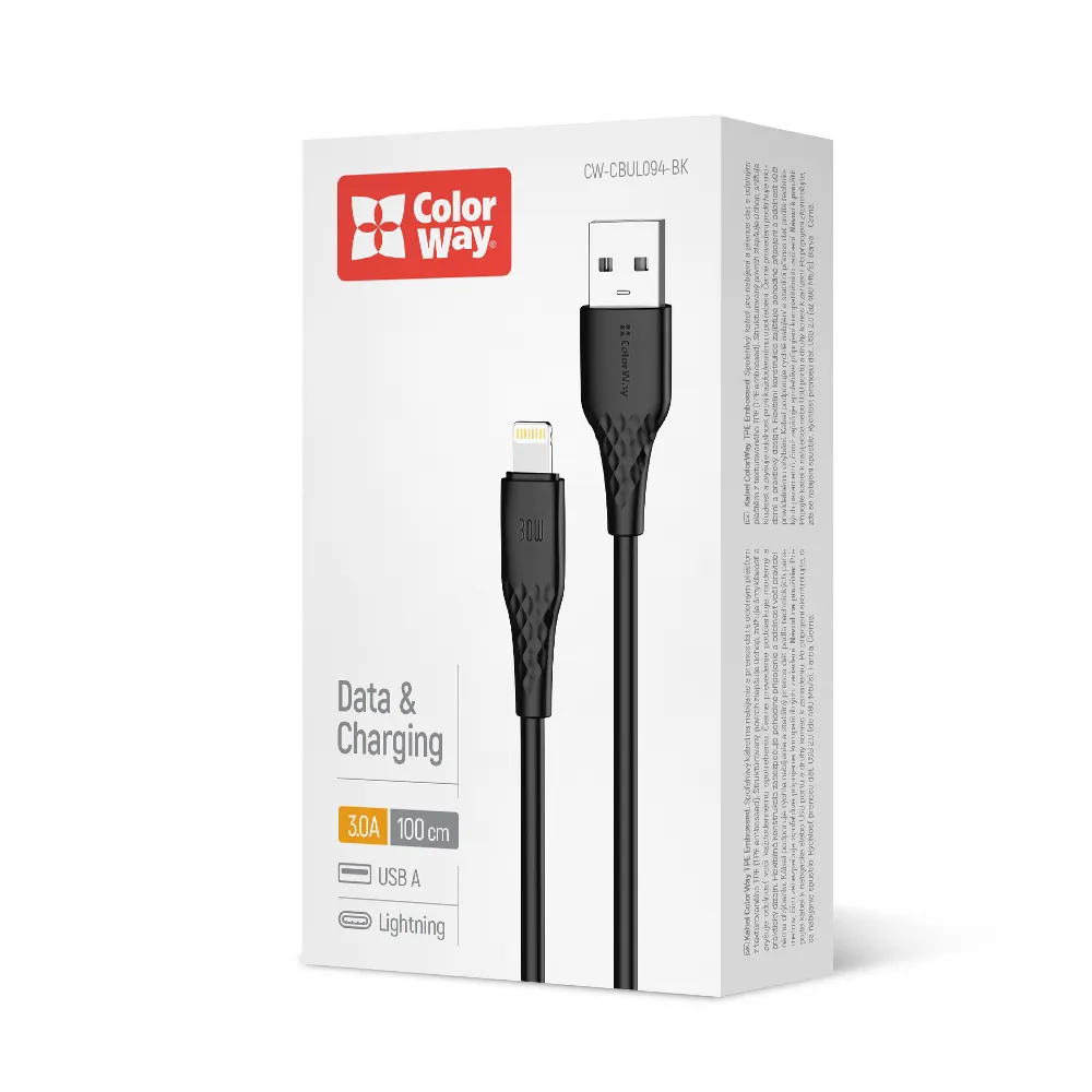 Кабель ColorWay USB - Lightning (M/M), textured PVC, 3А, 1 м, Black (CW-CBUL094-BK) - мініатюра 4