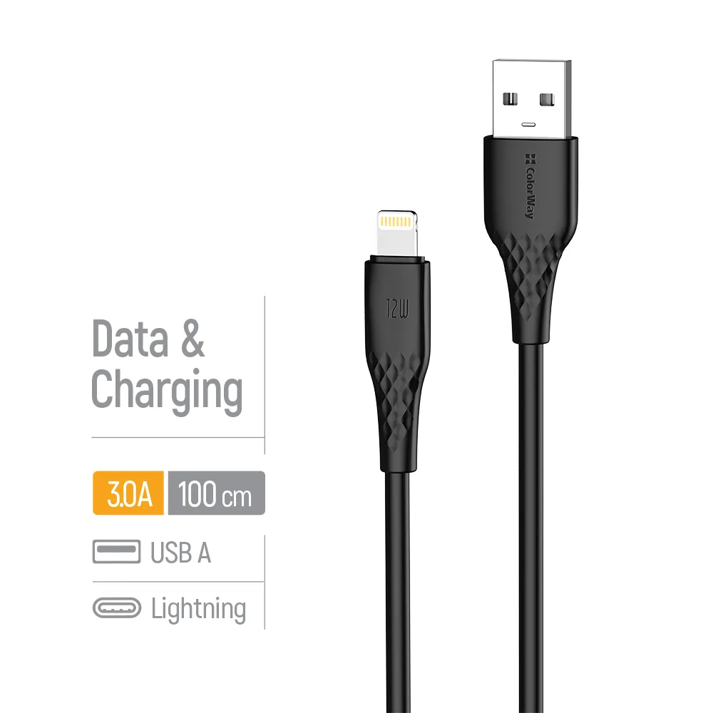 Кабель ColorWay USB - Lightning (M/M), textured PVC, 3А, 1 м, Black (CW-CBUL094-BK) - мініатюра 5