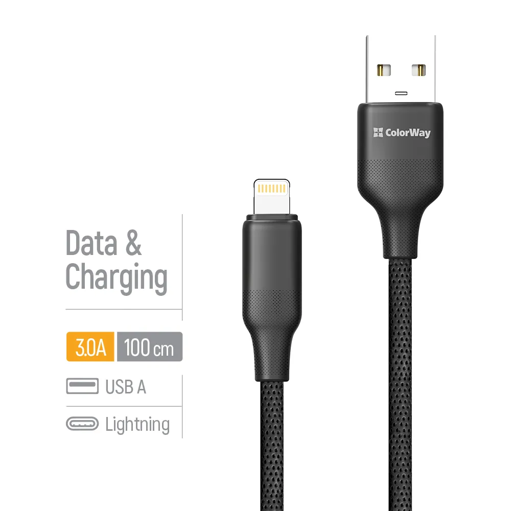 Кабель ColorWay USB - Lightning (M/M), TPE embossed, 3А, 1 м, Black (CW-CBUL101-BK) - мініатюра 5