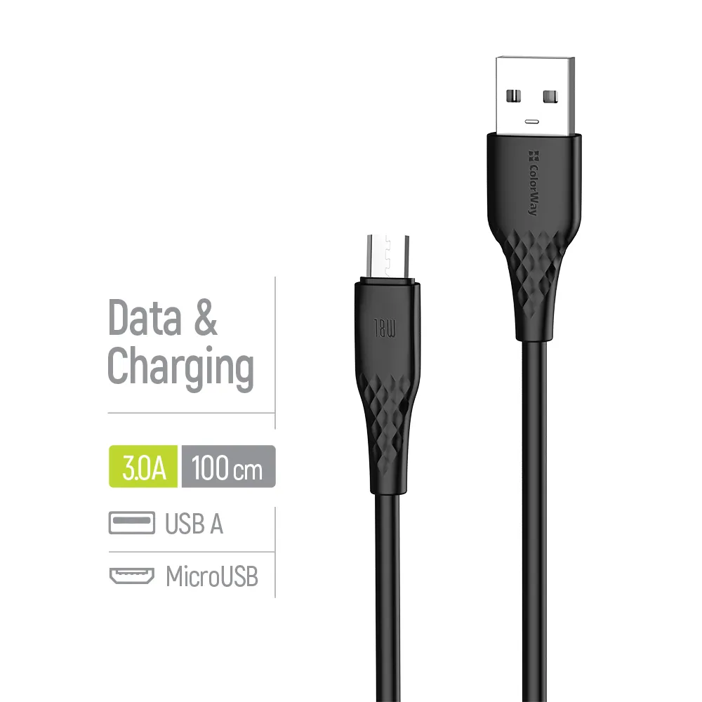 Кабель ColorWay USB - micro USB (M/M), textured PVC, 3А, 1 м, Black (CW-CBUM094-BK) - мініатюра 5