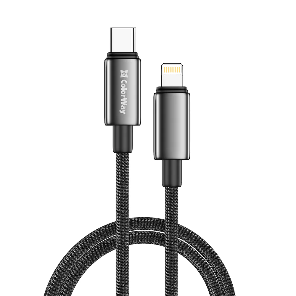 Кабель ColorWay USB Type-C - Lightning (M/M), zinc alloy braided, 3А, 1 м, Black (CW-CBPDCL098-BK)