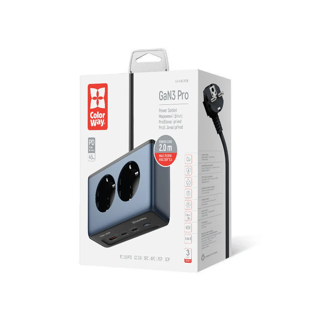 Фільтр живлення ColorWay CW-CHE25PDB 45W 2 розетки, 1xUSB-A 2xUSB-C, 2 м, синій - мініатюра 14