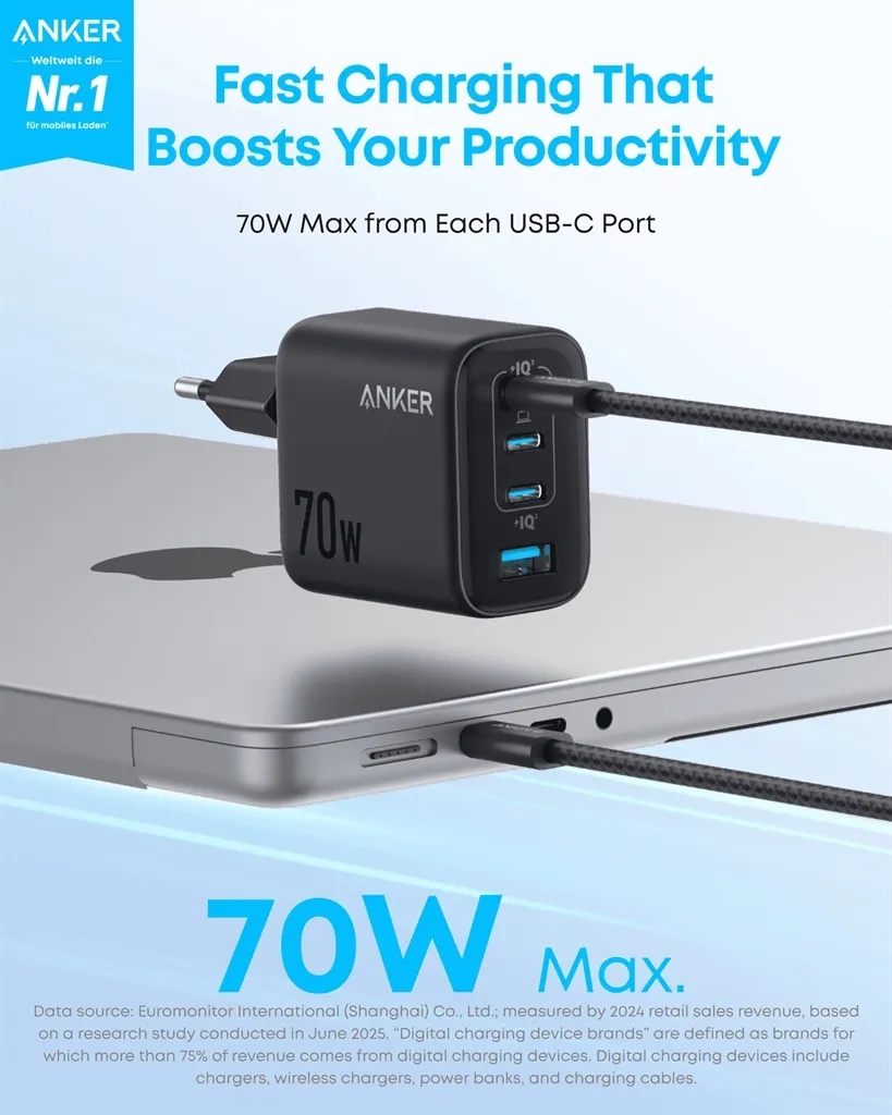 Мережевий зарядний пристрій Anker Charger 70W, 3xUSB-C, 1xUSB-A, Black (A121CG11) - мініатюра 11