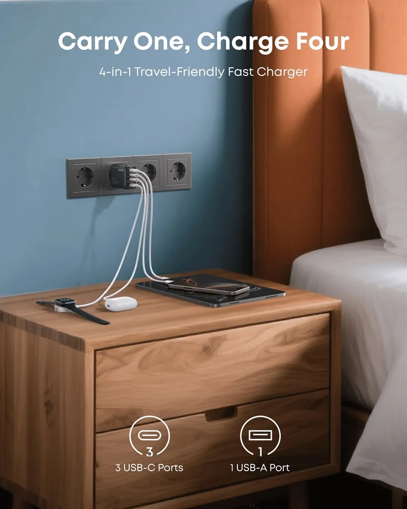Мережевий зарядний пристрій Anker Charger 70W, 3xUSB-C, 1xUSB-A, Black (A121CG11) - мініатюра 9