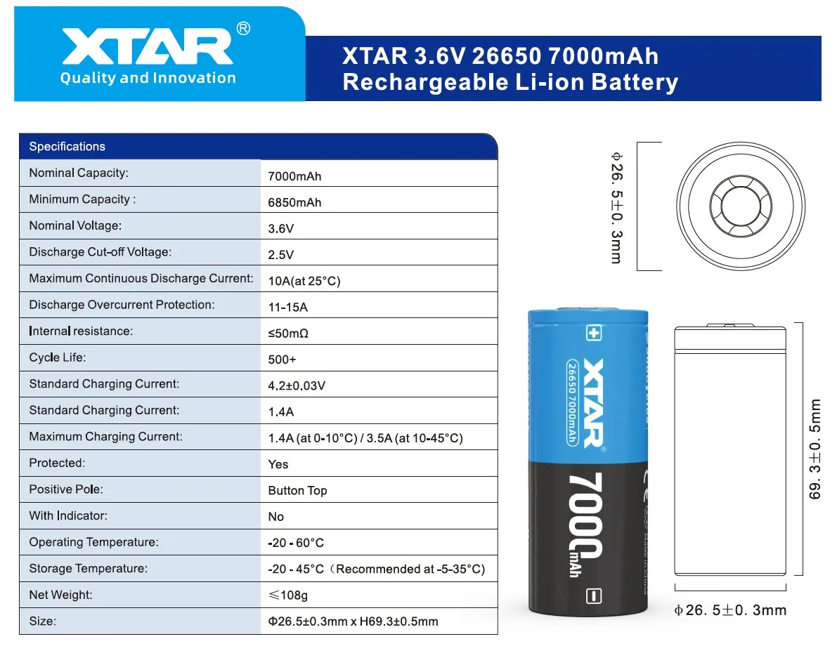 Акумулятор XTAR 26650P 7000 mAh 1 шт. - мініатюра 2