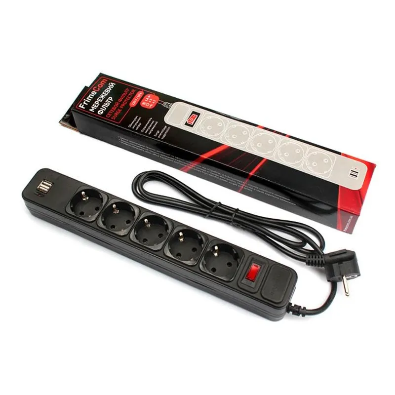 Фільтр живлення FrimeCom (FC-BU4005W 1.8 B) 5 розеток, 2хUSB, 1.8 м, чорний - зображення 1